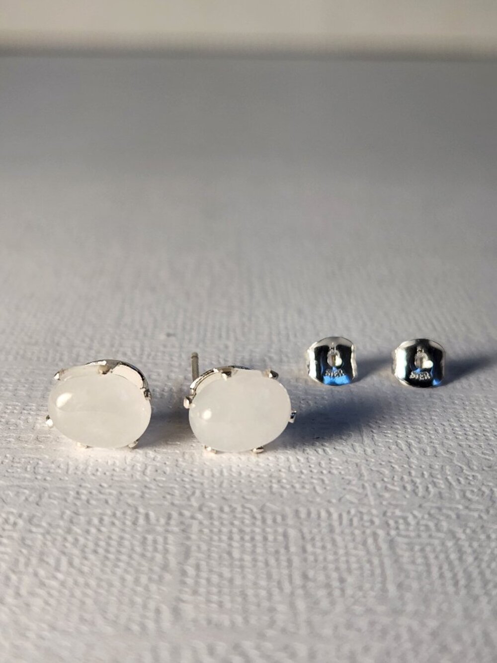 Natural White Jade Oval Cabochon 925/STER Stud Earrings 1.26g